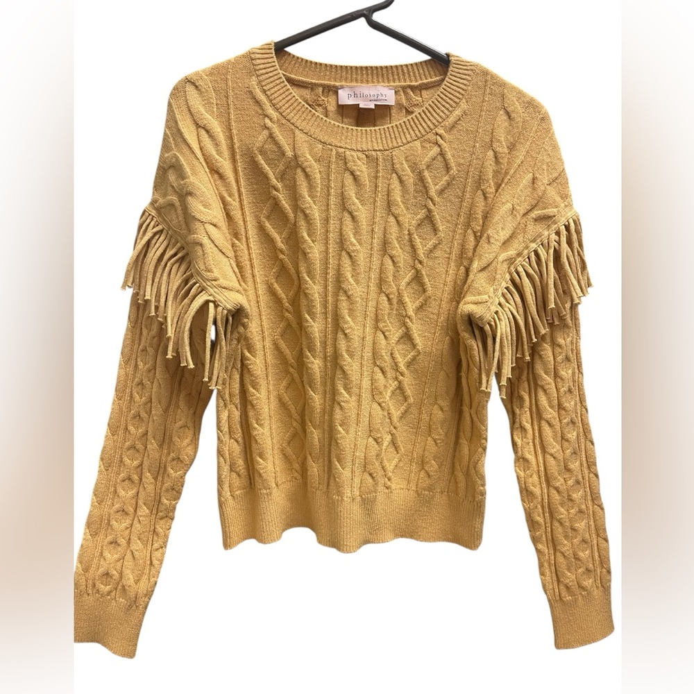 Philosophy Mustard Cable Knit Sweater Fringe S/P CrewNeckPullover Soft not itchy